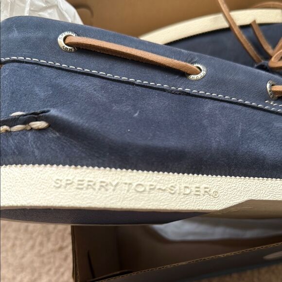 Speedy Top-Sider Mens Marine Suede Navy Boat Shoes with Tan Accents new - Picture 4 of 8